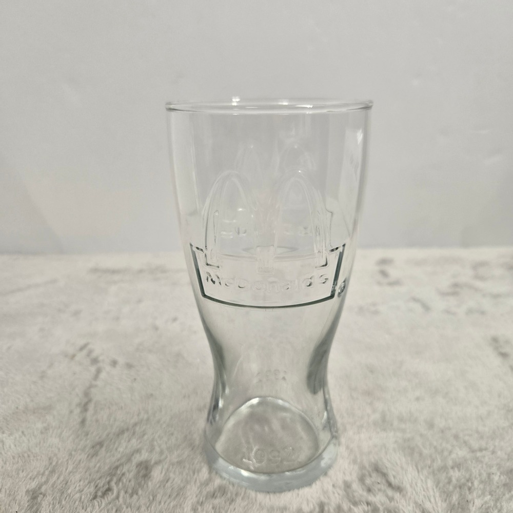 Vintage 1992 McDonalds Embossed Golden Arches Logo Clear Glass Tumbler 5.5 inch